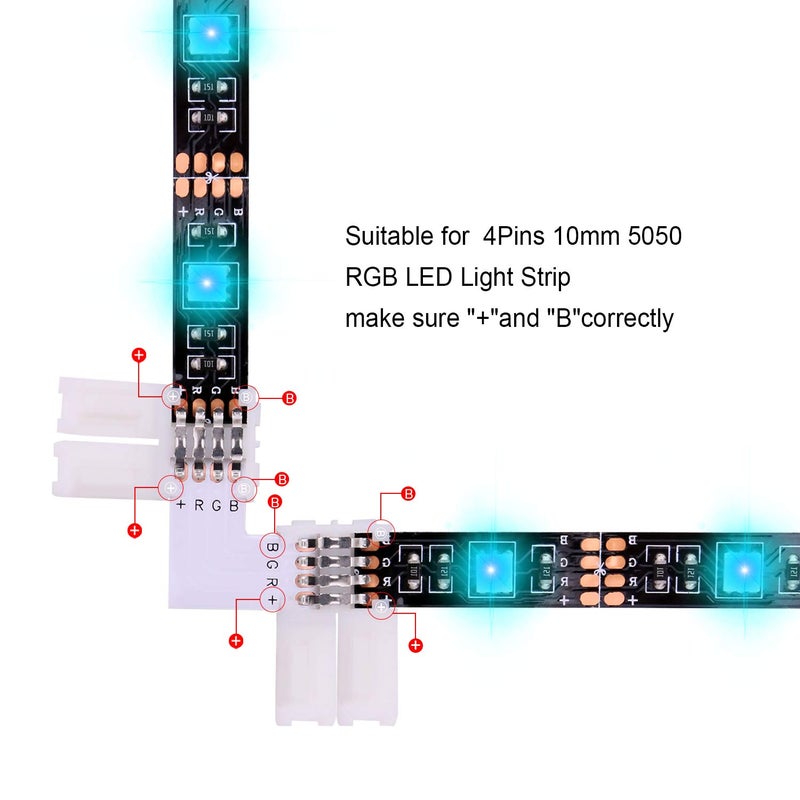 iCreating 5050 4Pin LED Strip Connector Kit 10mm RGB 4 Pin LED Connector Accessories Kit Include L LED Connectors for Strip Lights, 4-pin LED Light Strip Connectors with Wire, LED Extension Cable - Image 5